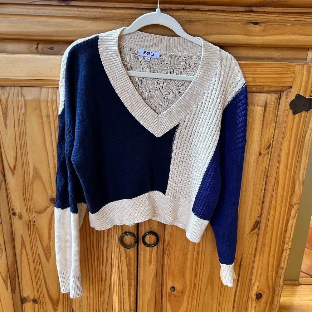 525 America Sweater Colorblock‎ V Neck Preppy Navy Cream Cotton Women Small